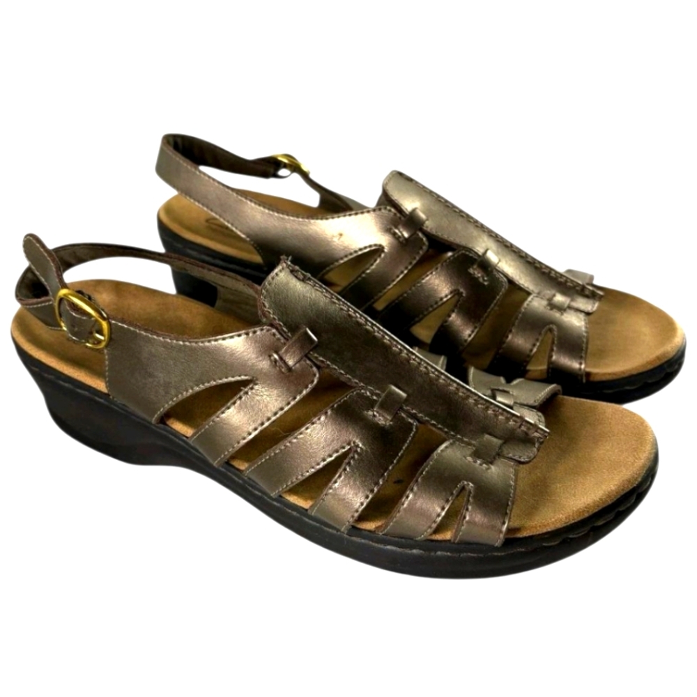 Clarks Sandals Leather 9W Wide Bronze Gold Lexi Marigold Slingback Buckle Wedge